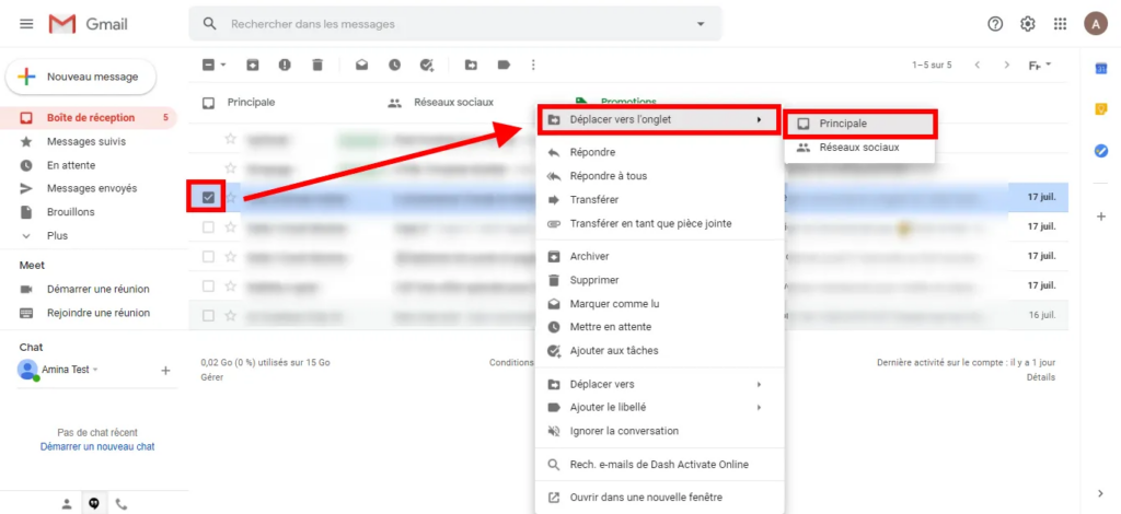 Capture montrant comment déplacer l'email vers l'onglet Principal de Gmail