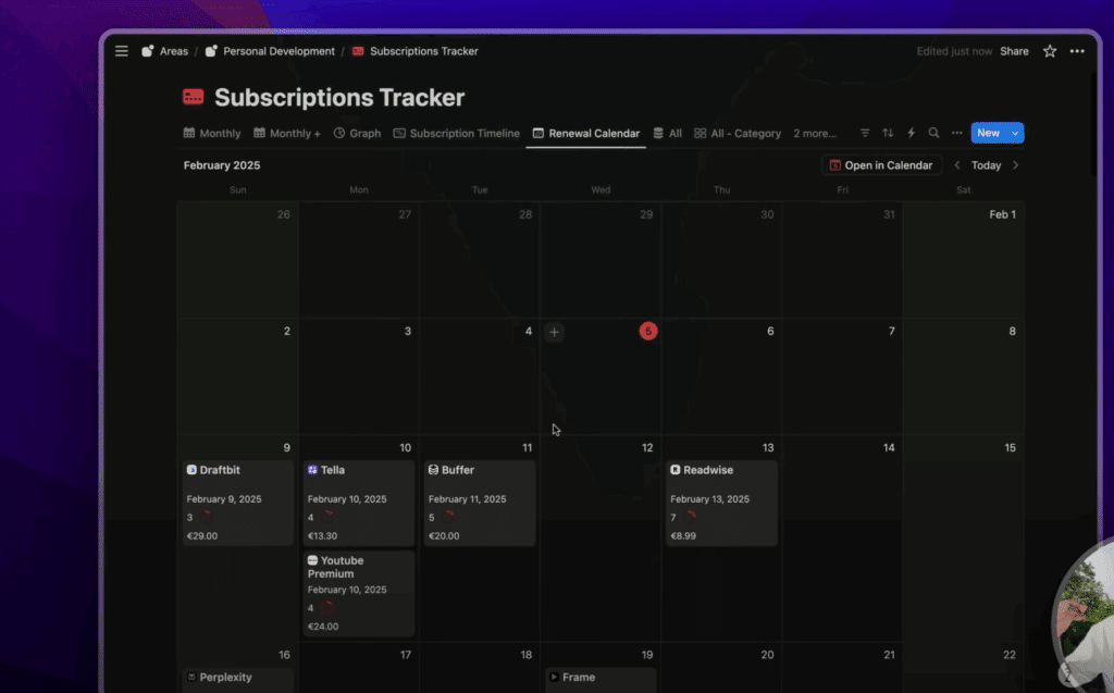 Le calendrier Notion affiche les abonnements aux dates correspondantes à leur prochain paiement, offrant une vue claire des dépenses à venir.
YouTube : https://youtu.be/KP8DwZ-1dOk?t=321
