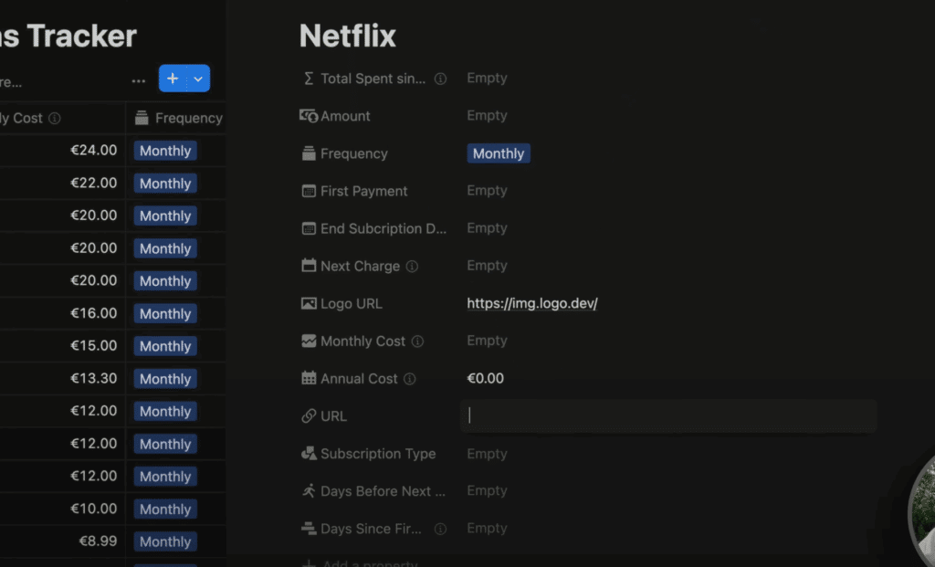 Une nouvelle page d'abonnement "Netflix" est créée dans la base de données Notion, avec les champs Nom, URL, Montant et Fréquence à remplir.
YouTube : https://youtu.be/KP8DwZ-1dOk?t=38