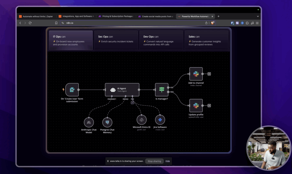Interface de n8n avec son système de nœuds (modules) connectés pour créer un workflow d'automatisation.
