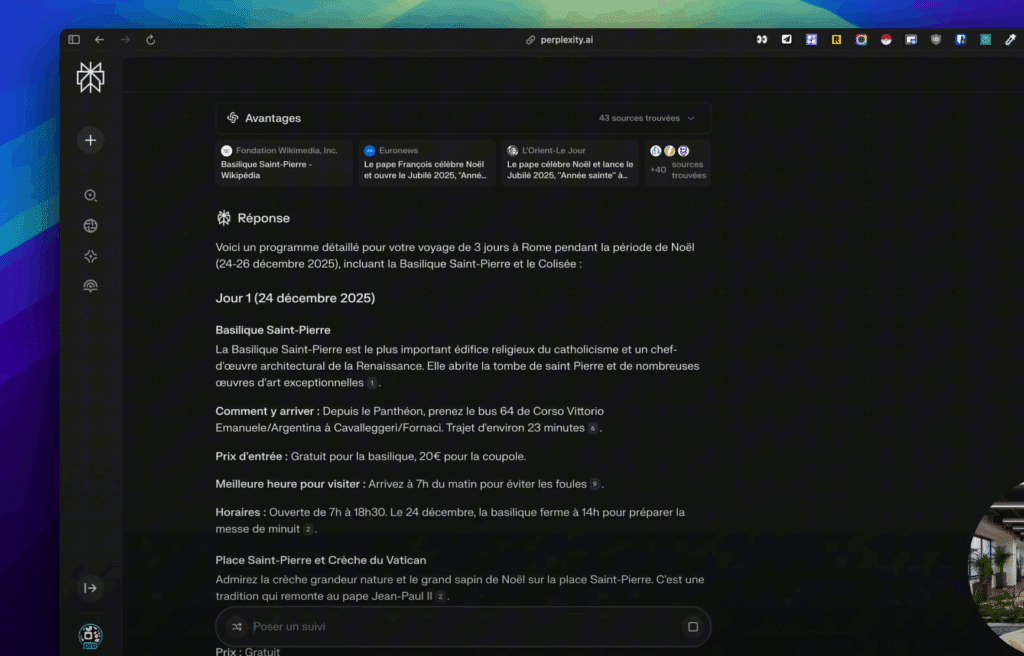 La réponse détaillée de Perplexity pour un itinéraire à Rome, suivant précisément le format demandé dans le prompt : titre, description, comment y arriver, prix et meilleure heure de visite.
YouTube : https://youtu.be/rHrl9-IvJrc?t=281
