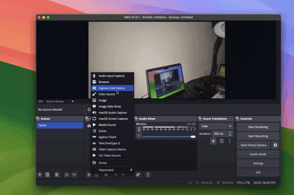 Capture d'écran du logiciel OBS montrant le menu d'ajout de source avec l'option "Capture Card Device" en surbrillance.
YouTube : https://youtu.be/vbPG0hxiD2Y?t=384