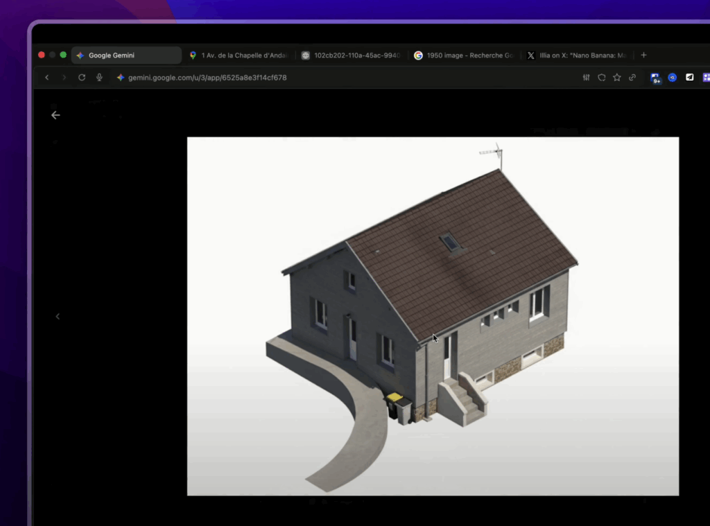 Modèle 3D d'une maison généré par Nano Banana à partir d'une simple capture d'écran de Google Street View, reproduisant fidèlement les détails architecturaux.
YouTube : https://youtu.be/i9pkRM193co?t=1475
