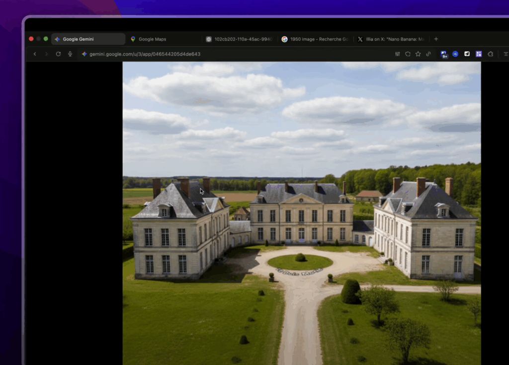 Vue photoréaliste d'un château générée par IA à partir d'une carte 2D et d'une flèche de direction, avant et après avoir retiré une inscription textuelle de l'image.
YouTube : https://youtu.be/i9pkRM193co?t=1580