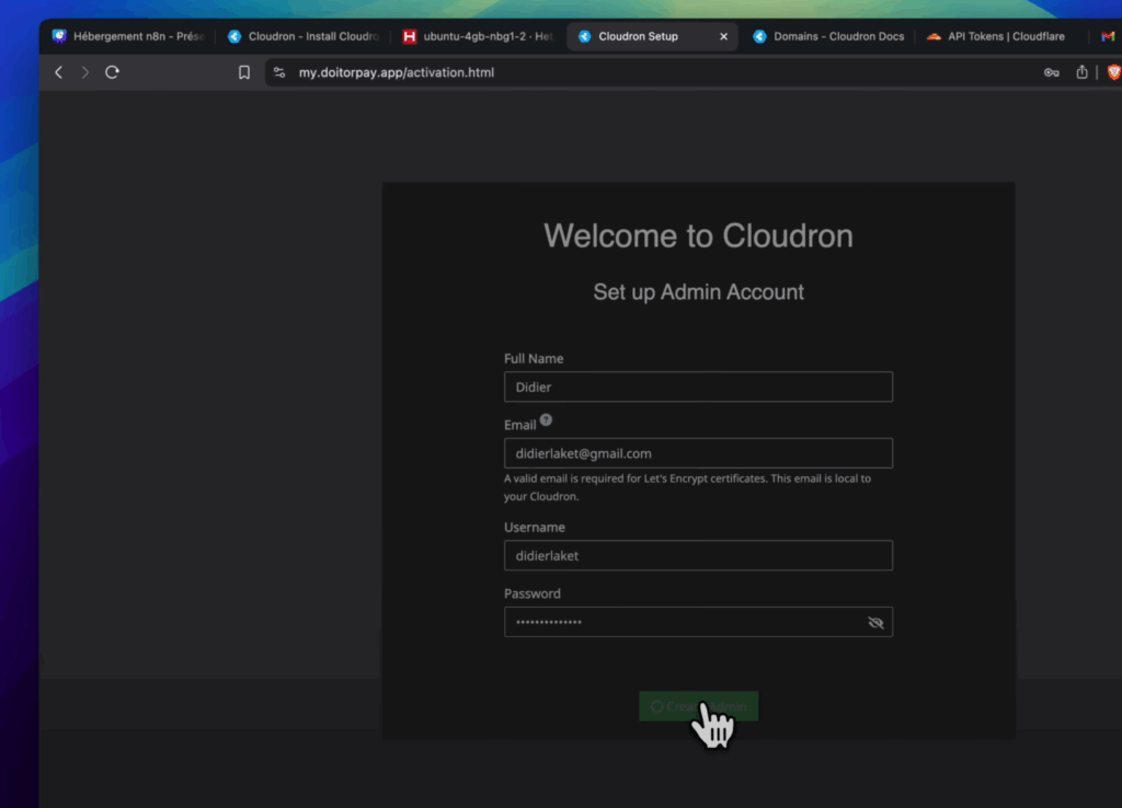 Ecran de connexion au nom de domaine - Cloudron