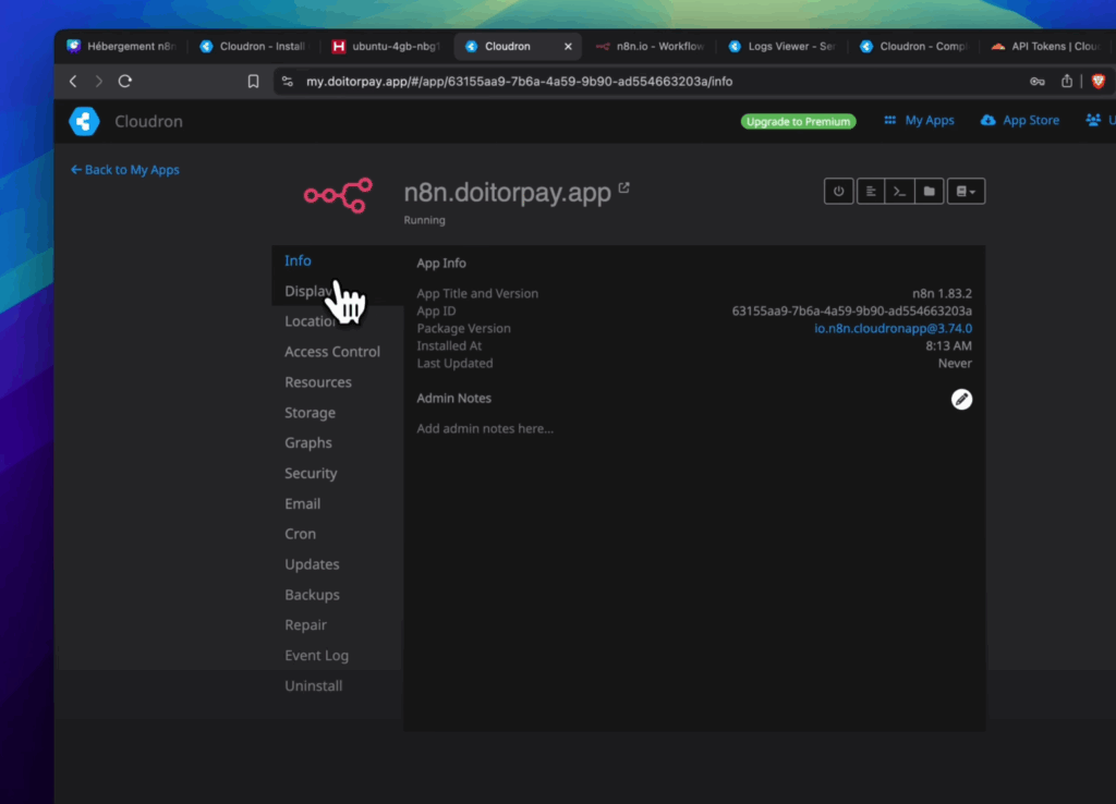 Panneau de configuration de l'application n8n dans Cloudron, avec des onglets (Location, Access, Backups, etc.) et des boutons d'action en haut à droite (Restart, Logs, File Manager).
YouTube : https://youtu.be/zIQknK4jW8o?t=1014