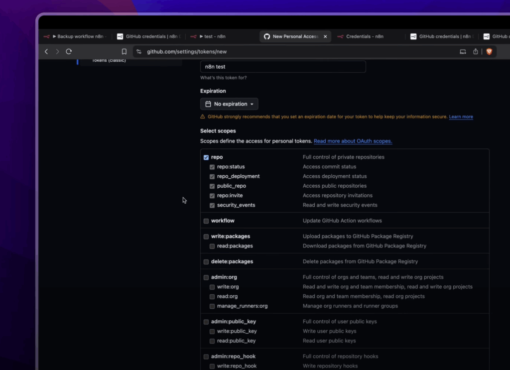 L'interface de création d'un "Personal Access Token" sur GitHub, avec la case "repo" cochée.
YouTube : https://youtu.be/zIQknK4jW8o?t=1368