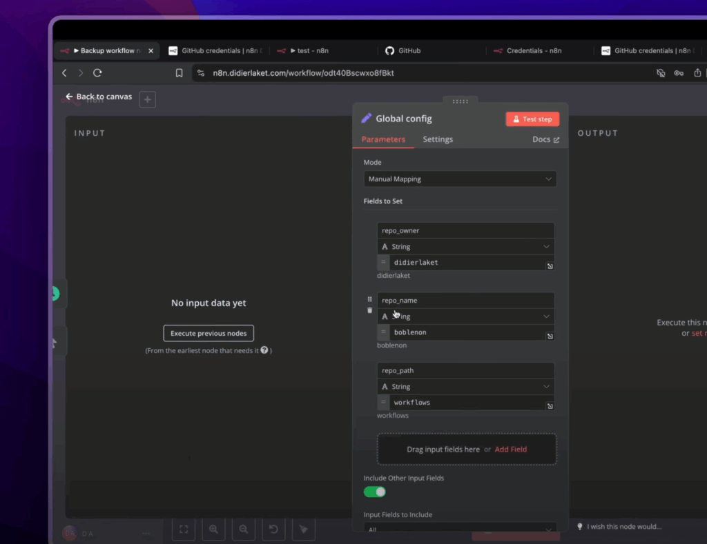 Le nœud "Set" (renommé Global Config) dans l'éditeur de workflow n8n, montrant les variables repoOwner et repoName à modifier.
YouTube : https://youtu.be/zIQknK4jW8o?t=1444