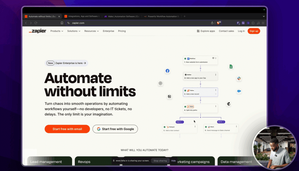Schéma de l'interface de Zapier montrant des automatisations construites de haut en bas, avec chaque carré représentant une étape du workflow.