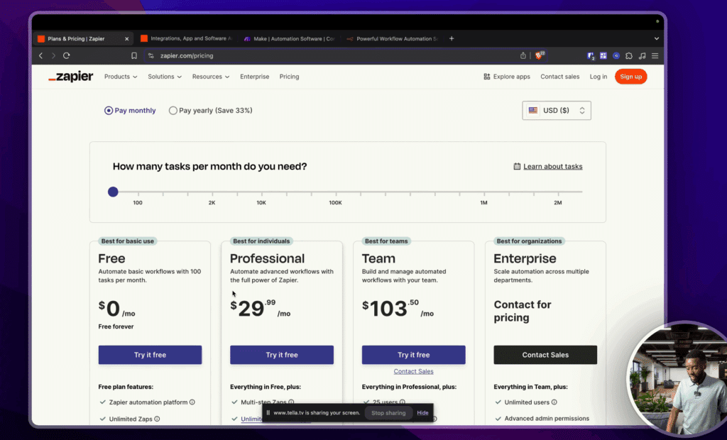 Capture d'écran de la page de prix de Zapier, montrant le forfait mensuel à 30€ pour 750 tâches.