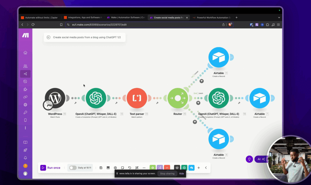 Interface de Make montrant des bulles représentant des modules d'automatisation connectées entre elles de manière visuelle.