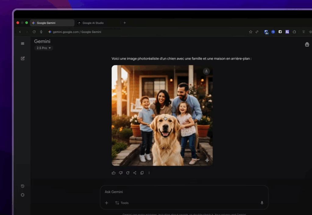 Image photoréaliste d'un chien dans un jardin avec une famille en arrière-plan, générée par Nano Banana.]
YouTube : https://youtu.be/i9pkRM193co?t=139