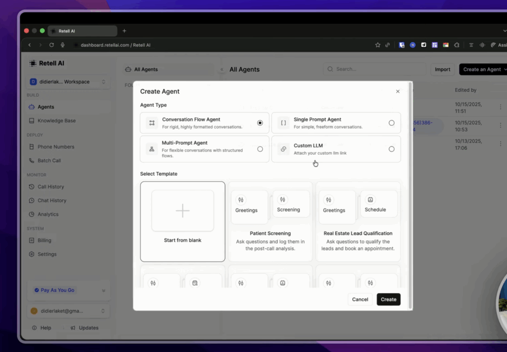 Interface de création d'agent vocal Retell AI montrant la sélection entre différents types d'agents, avec notamment "Conversation Agent" qui affiche un éditeur visuel de flux de conversation sous forme de canvas avec des blocs de messages et des conditions de navigation entre eux.
