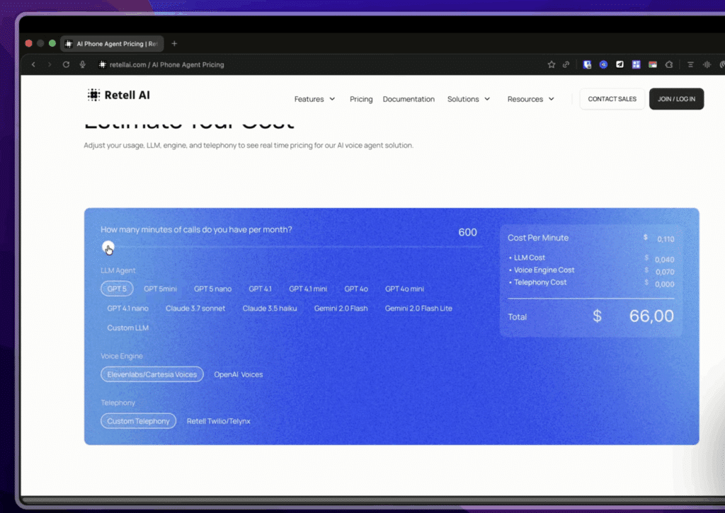 Page de tarification de Retell AI affichant un calculateur interactif avec des curseurs pour ajuster le nombre de minutes mensuelles, le choix du modèle d'IA, et le prix total estimé qui s'affiche dynamiquement en fonction des paramètres sélectionnés.