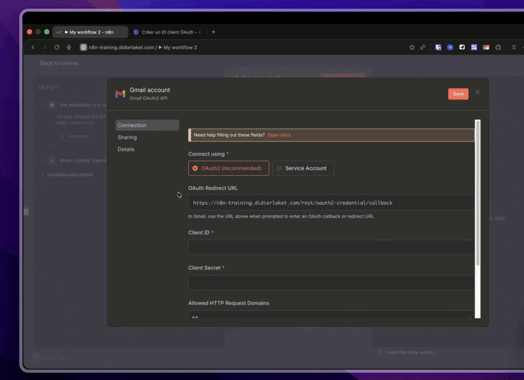 Interface de création de credential Gmail dans n8n, montrant le champ "OAuth Redirect URL" avec une URL complète visible (quelque chose comme https://votre-domaine.com/rest/oauth2-credential/callback), avec une icône de copie à côté.
