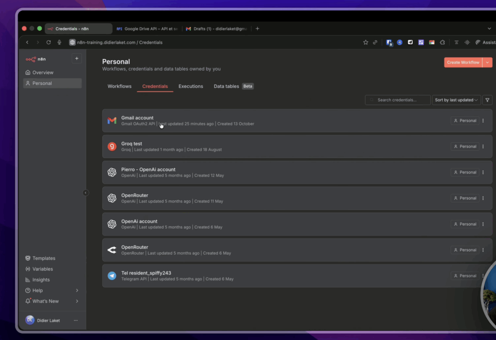 Vue de la page "Credentials" dans n8n, listant les différents identifiants OAuth configurés (Gmail, Google Drive, etc.), avec pour chacun un bouton "Reconnect" ou l'icône de reconnexion visible à côté du statut de connexion.