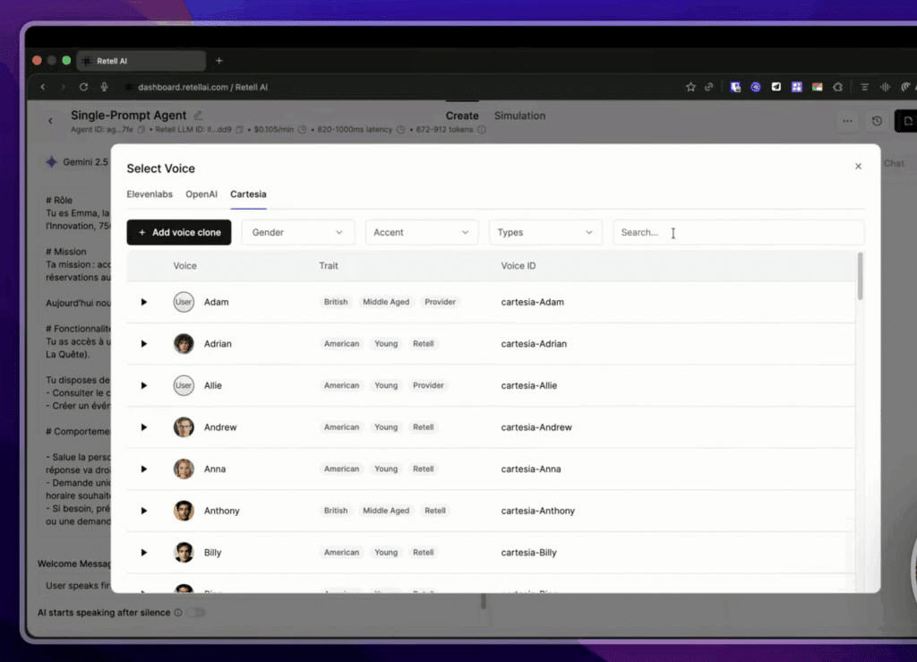 Menu de sélection des voix dans Retell AI montrant la liste des fournisseurs (Eleven Labs, OpenAI, Cartesia) avec un filtre de recherche "French" activé, affichant les deux voix françaises disponibles "Emma" et "Pierre" avec leurs icônes de lecture pour prévisualiser le rendu vocal.