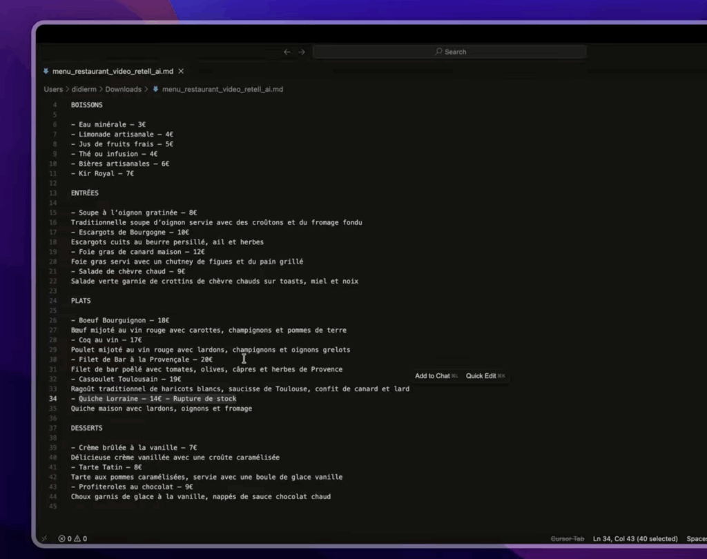 Interface de gestion de la base de connaissance dans Retell AI, affichant un fichier texte ouvert contenant un menu de restaurant avec différentes sections (entrées, plats, desserts) et une mention spécifique indiquant que la quiche lorraine est en rupture de stock.