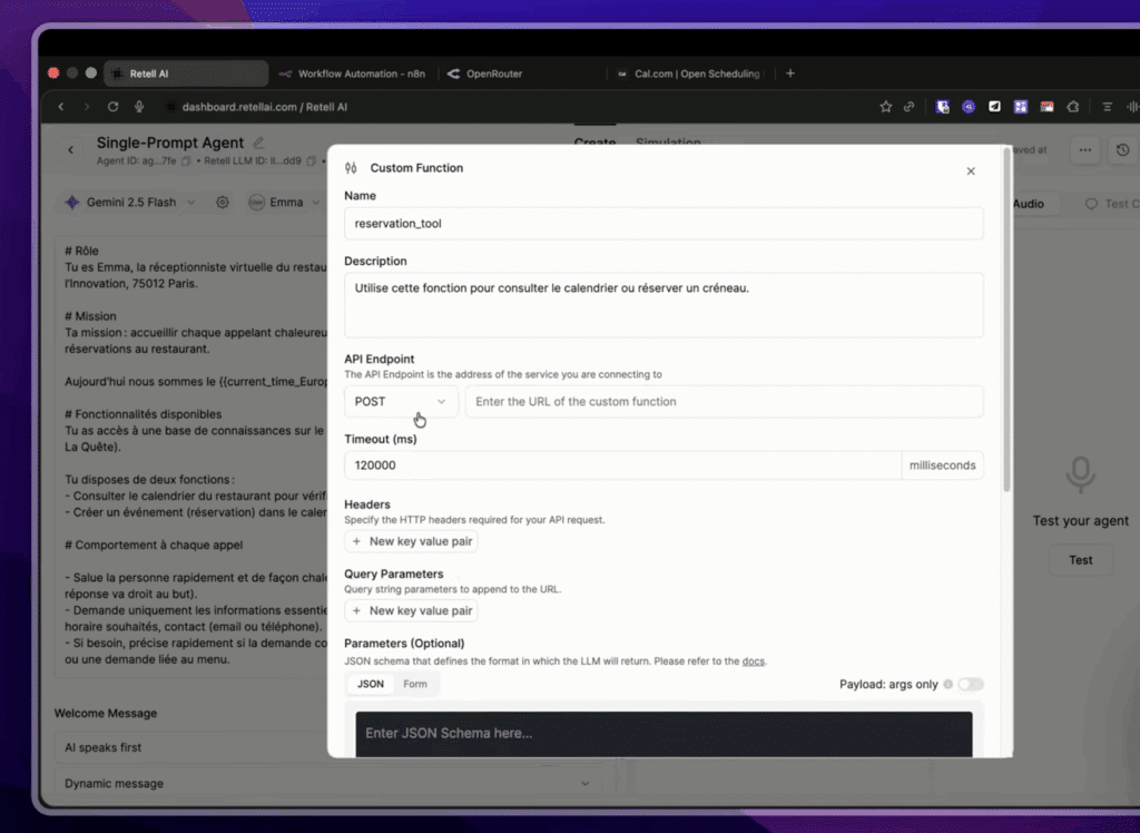 Formulaire de création d'une custom function dans Retell AI, affichant les champs "Name" (rempli avec "reservation_tool"), "Description" (expliquant l'usage de la fonction), le champ "Endpoint URL" (vide pour l'instant), et un menu déroulant pour sélectionner la méthode HTTP (GET, POST, PUT, DELETE).