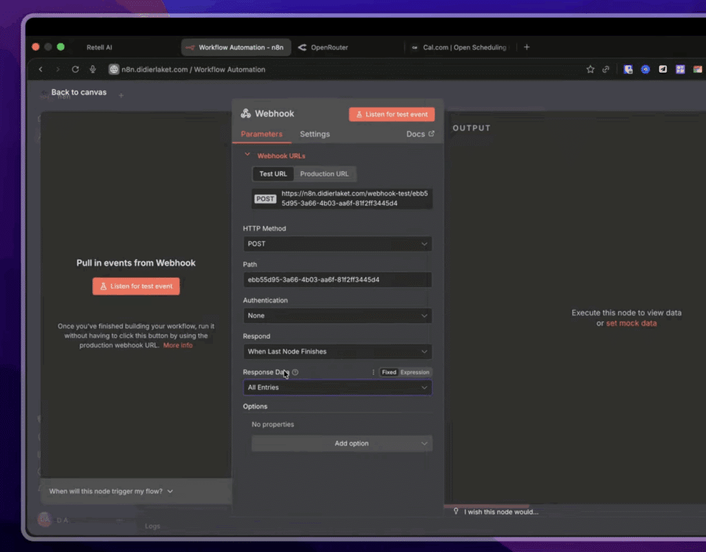 Interface n8n montrant un workflow avec un nœud Webhook configuré, affichant les paramètres "HTTP Method" sur POST, "Response Mode" sur "When Last Node Finishes", "Response Data" sur "All Entries", et l'URL du webhook visible dans la configuration.